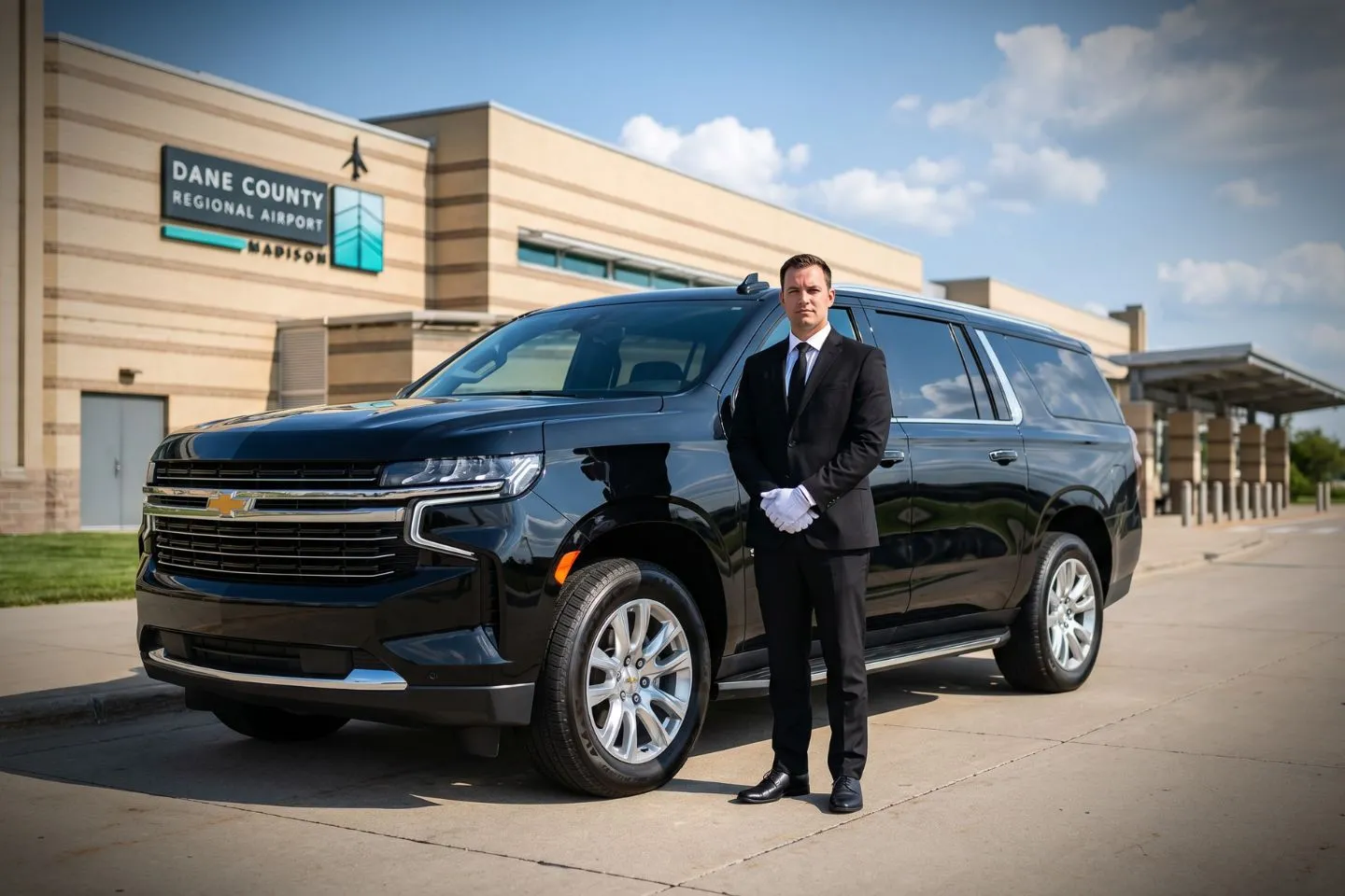 Dane County Regional (MSN) Airport Car Service Premium SUV ready for MSN airport pickup near University of Wisconsin Madison campus