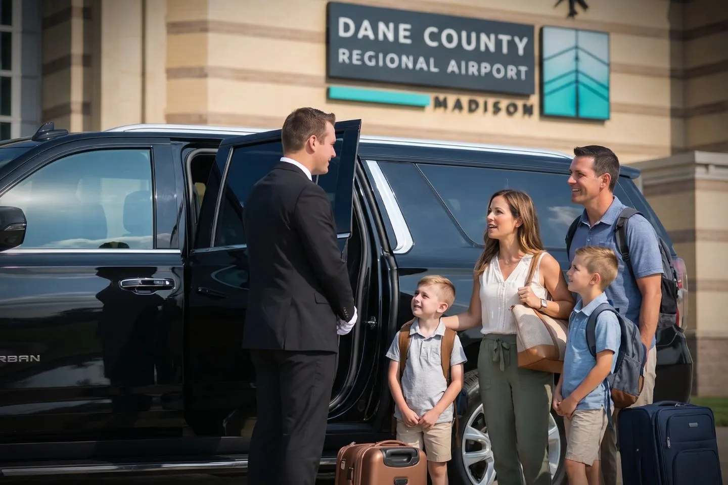 Dane County Regional (MSN) Airport Car Service Professional chauffeur greeting passenger at MSN baggage claim arrivals area