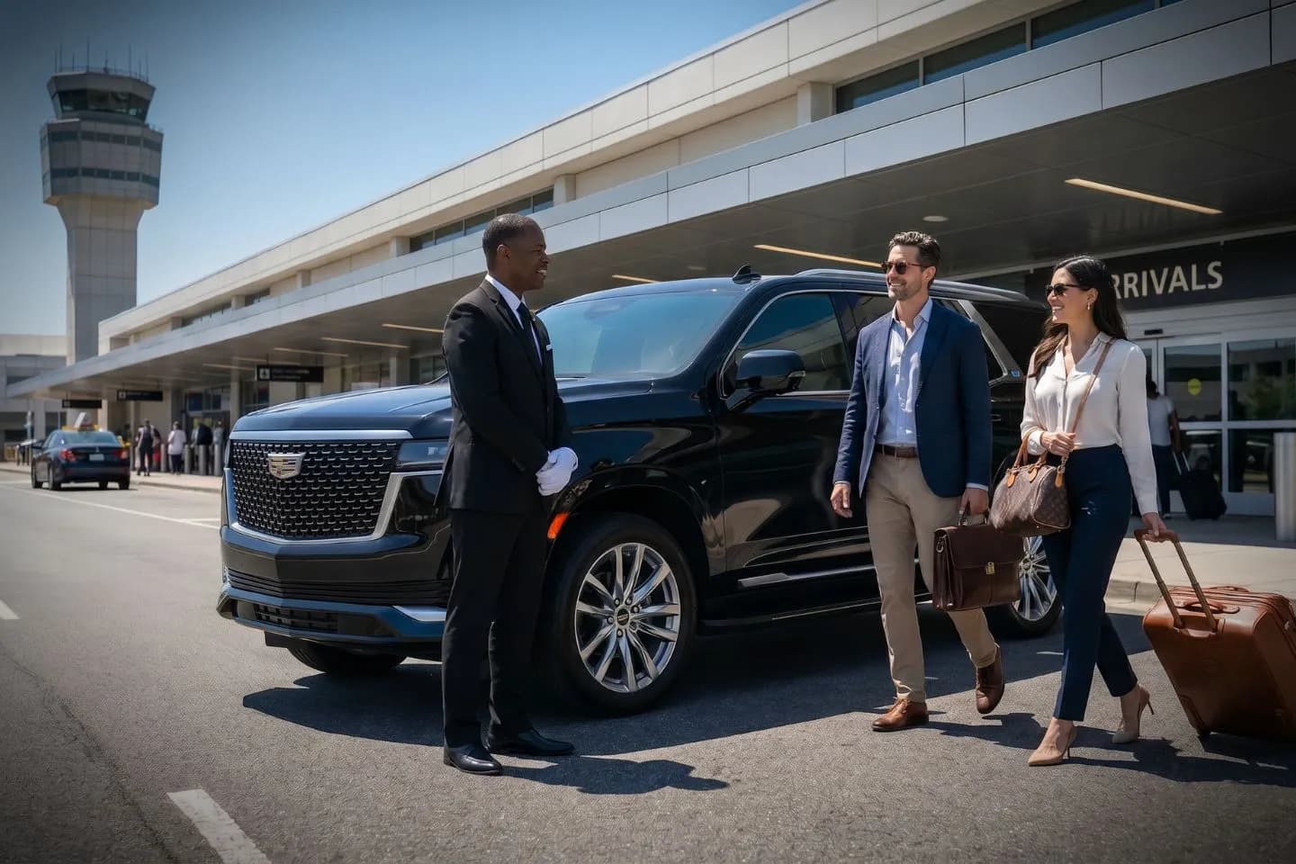 Aurora Municipal (ARR) Airport Car Service Union Limousine chauffeur greeting corporate aviation executive at ARR Aurora Municipal airport FBO