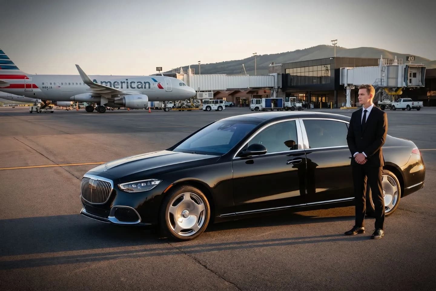 Jackson Hole (JAC) Airport Car Service Black luxury sedan parked at Jackson Hole Airport terminal curbside in Grand Teton National Park