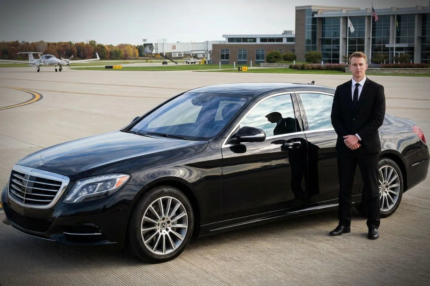 Waukegan National (UGN) Airport Car Service Black Cadillac Escalade chauffeured car at Waukegan National airport for ride to Lake Forest and Highland Park North Shore