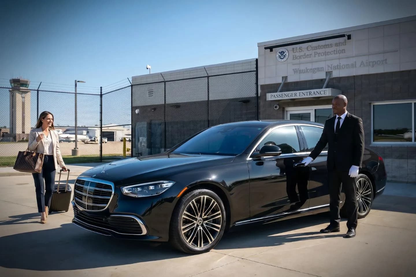Waukegan National (UGN) Airport Car Service Union Limousine chauffeur greeting Naval Station Great Lakes guest at UGN Waukegan National airport FBO