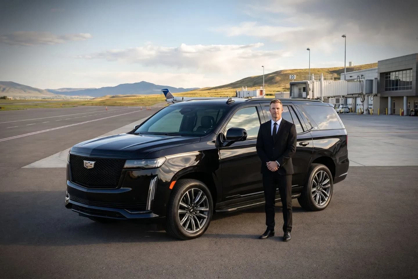 Yellowstone Regional (COD) Airport Car Service Black luxury sedan parked at Yellowstone Regional Airport terminal curbside in Cody Wyoming