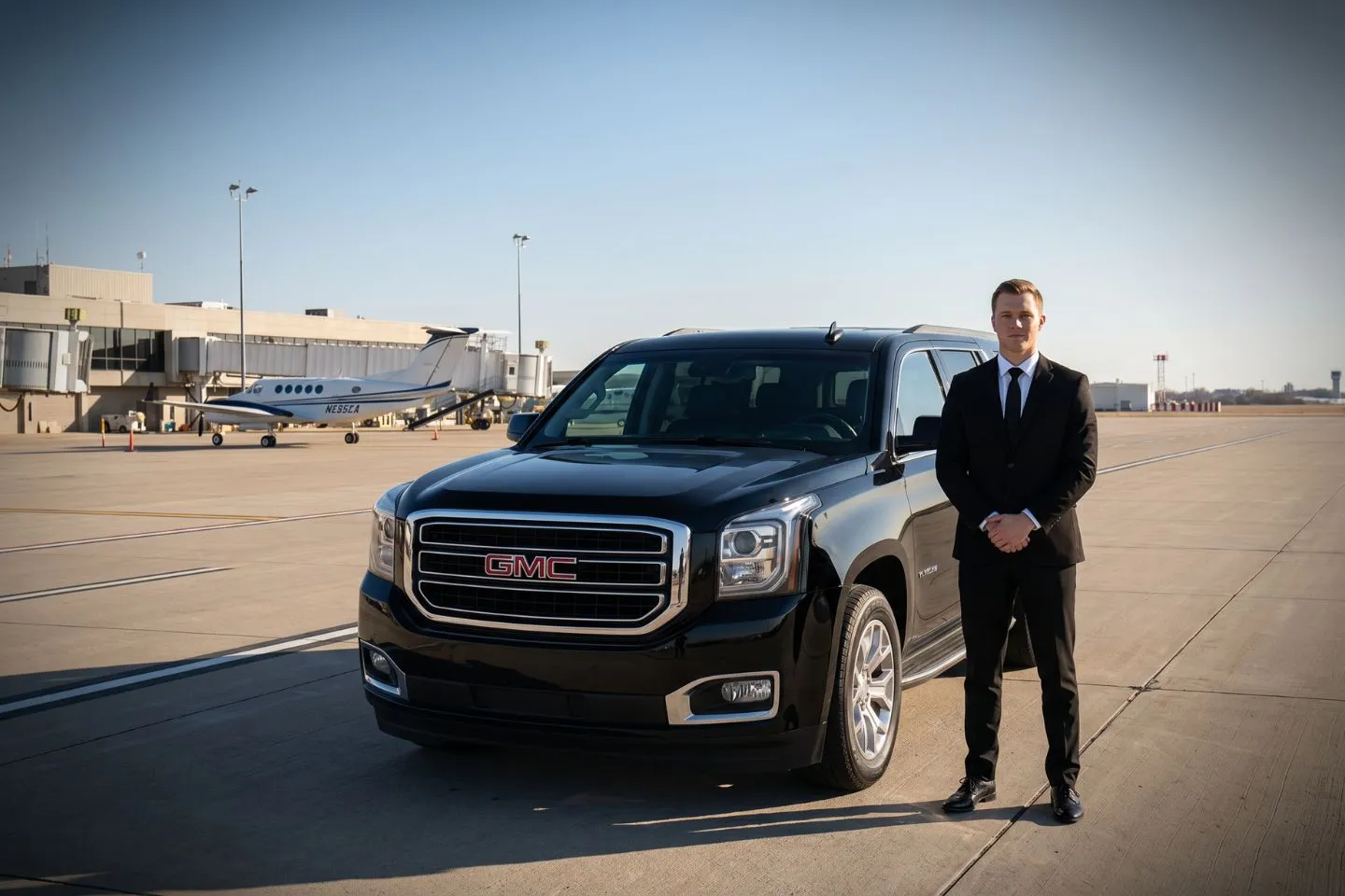 Quincy Municipal (UIN) Airport Car Service Black Cadillac Escalade chauffeured car at Quincy Municipal airport for ride to John Wood Community College and Quincy University