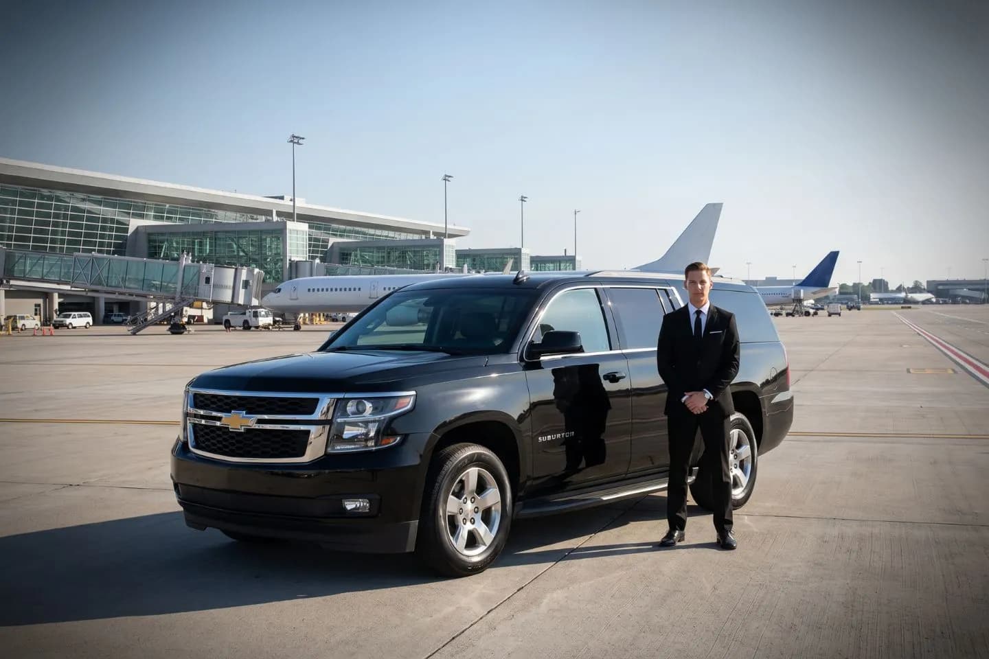 Greater Kankakee (IKK) Airport Car Service Black Cadillac Escalade chauffeured car at Greater Kankakee airport for ride to Kankakee River State Park and south suburban Chicago