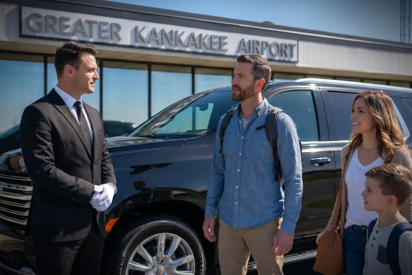 Greater Kankakee (IKK) Airport Car Service Premium Cadillac Escalade providing Kankakee IKK airport car service to Olivet Nazarene University and Bourbonnais Illinois