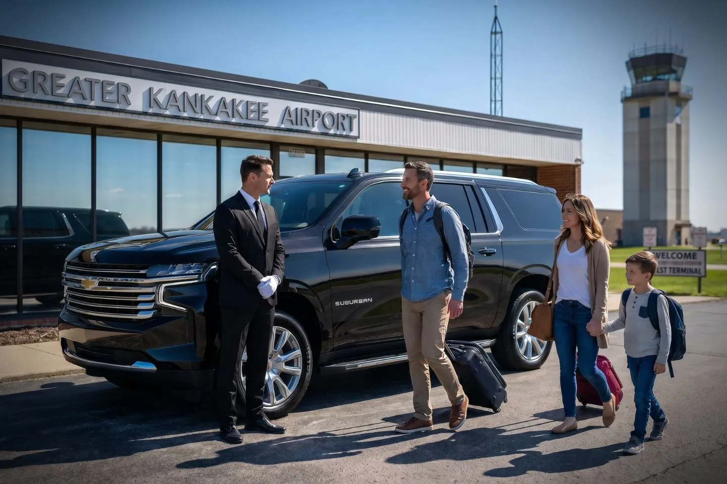 Greater Kankakee (IKK) Airport Car Service Union Limousine chauffeur greeting Olivet Nazarene University parent at IKK Greater Kankakee airport FBO