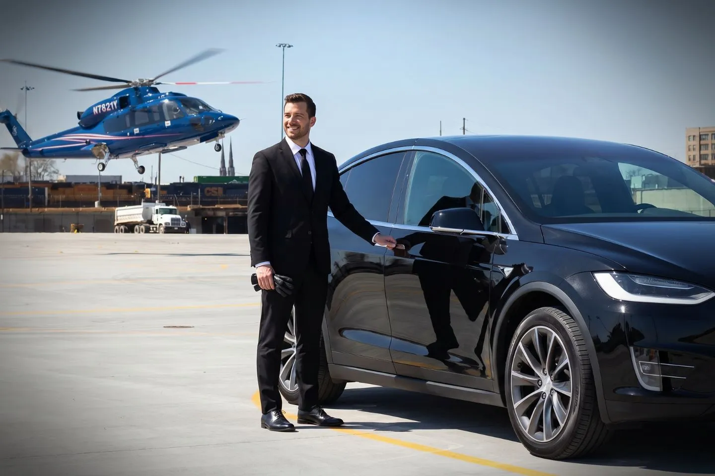 Chicago Vertiport (JTY) Airport Car Service Black Cadillac Escalade chauffeured car at Chicago Vertiport for ride to Northwestern Memorial Hospital and Magnificent Mile