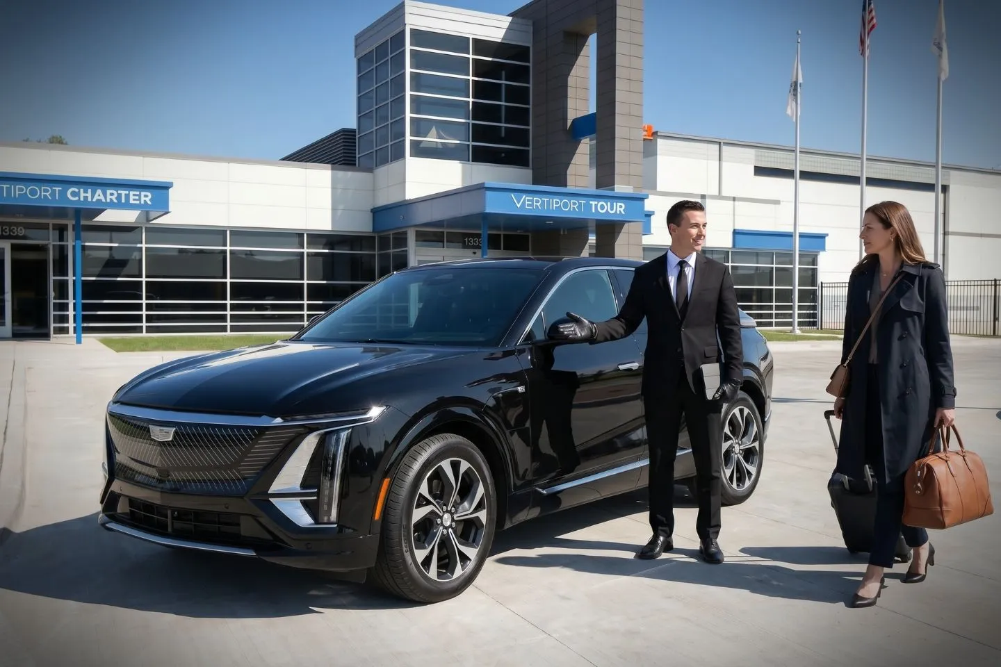 Chicago Vertiport (JTY) Airport Car Service Union Limousine chauffeur greeting eVTOL air taxi guest at JTY Chicago Vertiport baggage claim area