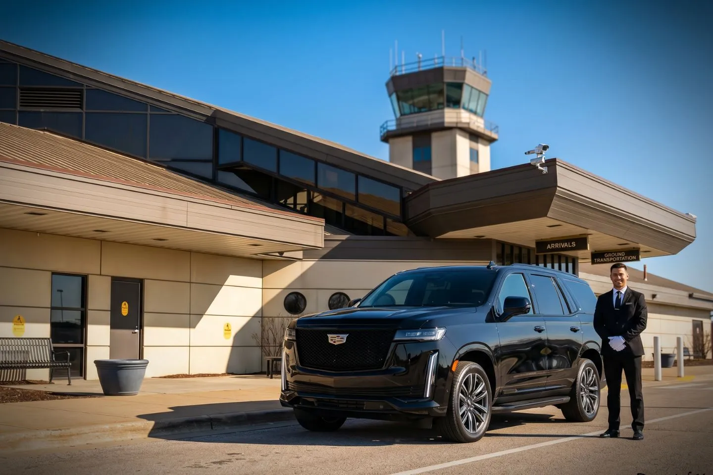 Gary Chicago International (GYY) Airport Car Service Luxury black Mercedes Benz S Class at Gary Chicago International Airport GYY terminal curbside in Gary Indiana