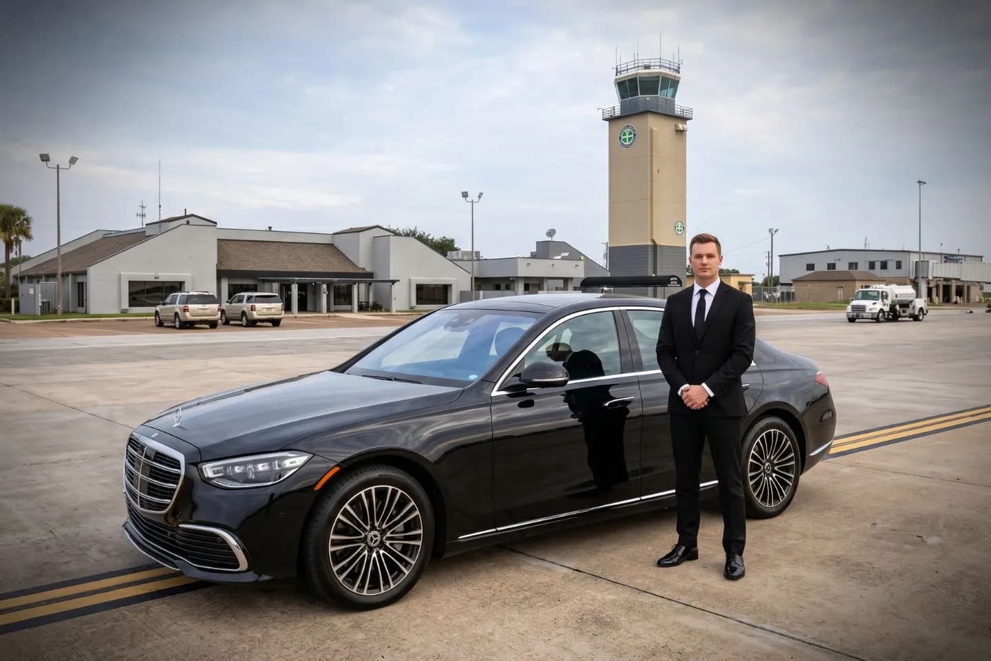 Laredo International (LRD) Airport Car Service Black luxury sedan parked at Laredo International Airport terminal curbside in Texas