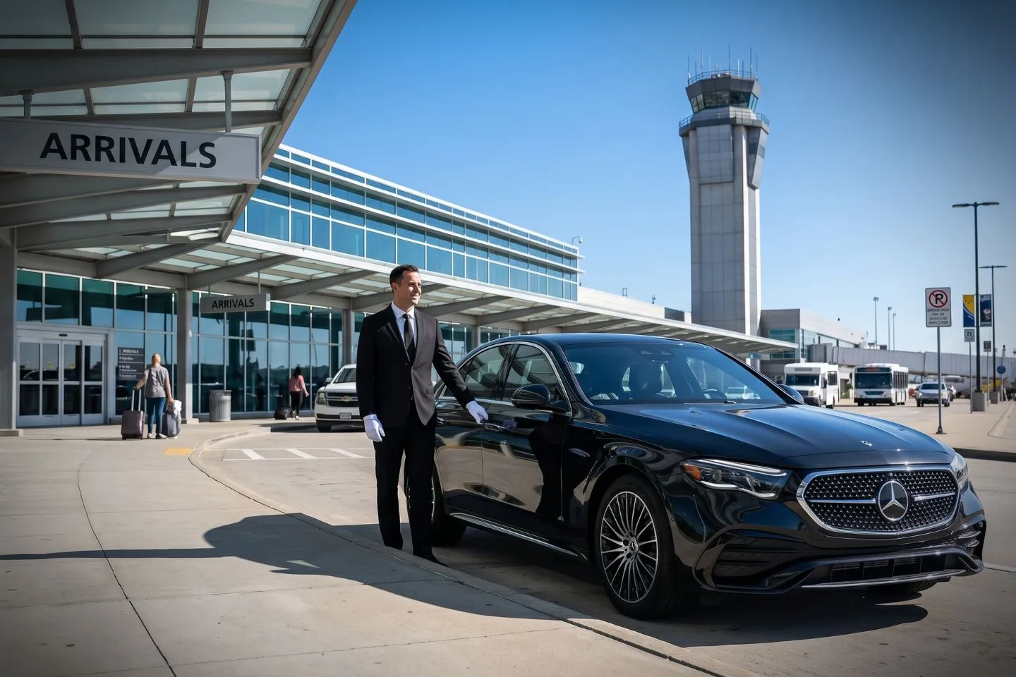 Springfield Abraham Lincoln Capital (SPI) Airport Car Service Luxury black Mercedes Benz S Class at Springfield Abraham Lincoln Capital Airport SPI terminal curbside in Illinois