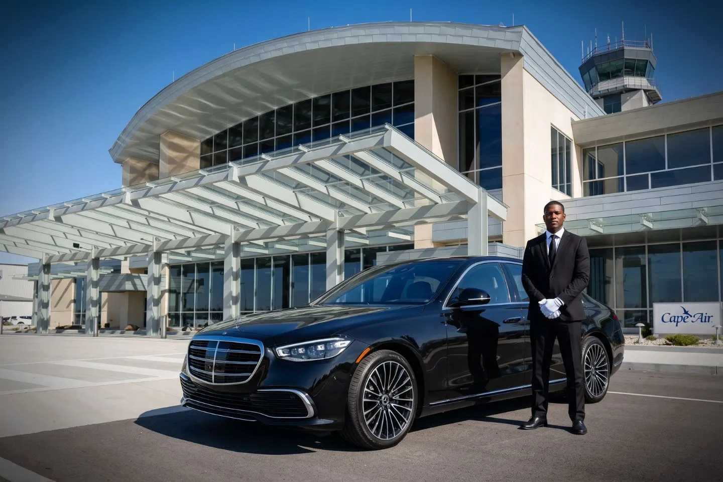 Veterans of Southern Illinois (MWA) Airport Car Service Luxury black Mercedes Benz S Class at Veterans of Southern Illinois Regional Airport MWA terminal curbside in Marion Illinois