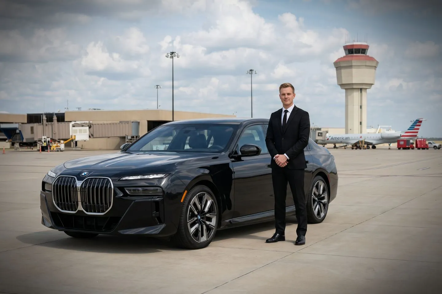 Abilene Regional (ABI) Airport Car Service Black luxury sedan parked at Abilene Regional Airport terminal curbside in Texas