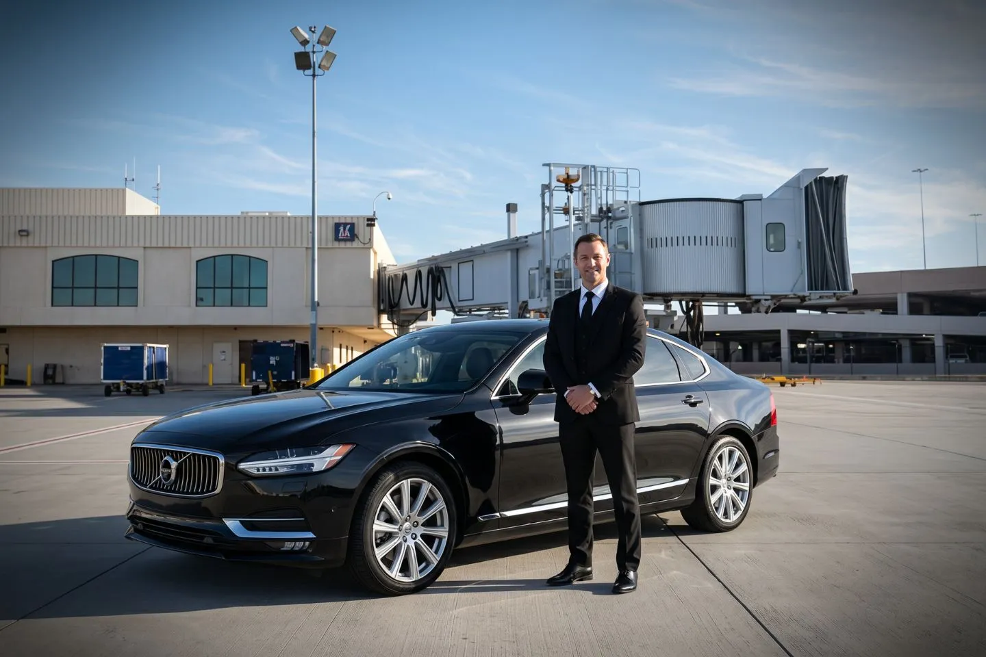 Wichita Falls Regional (SPS) Airport Car Service Black luxury sedan parked at Wichita Falls Regional Airport terminal curbside in Texas