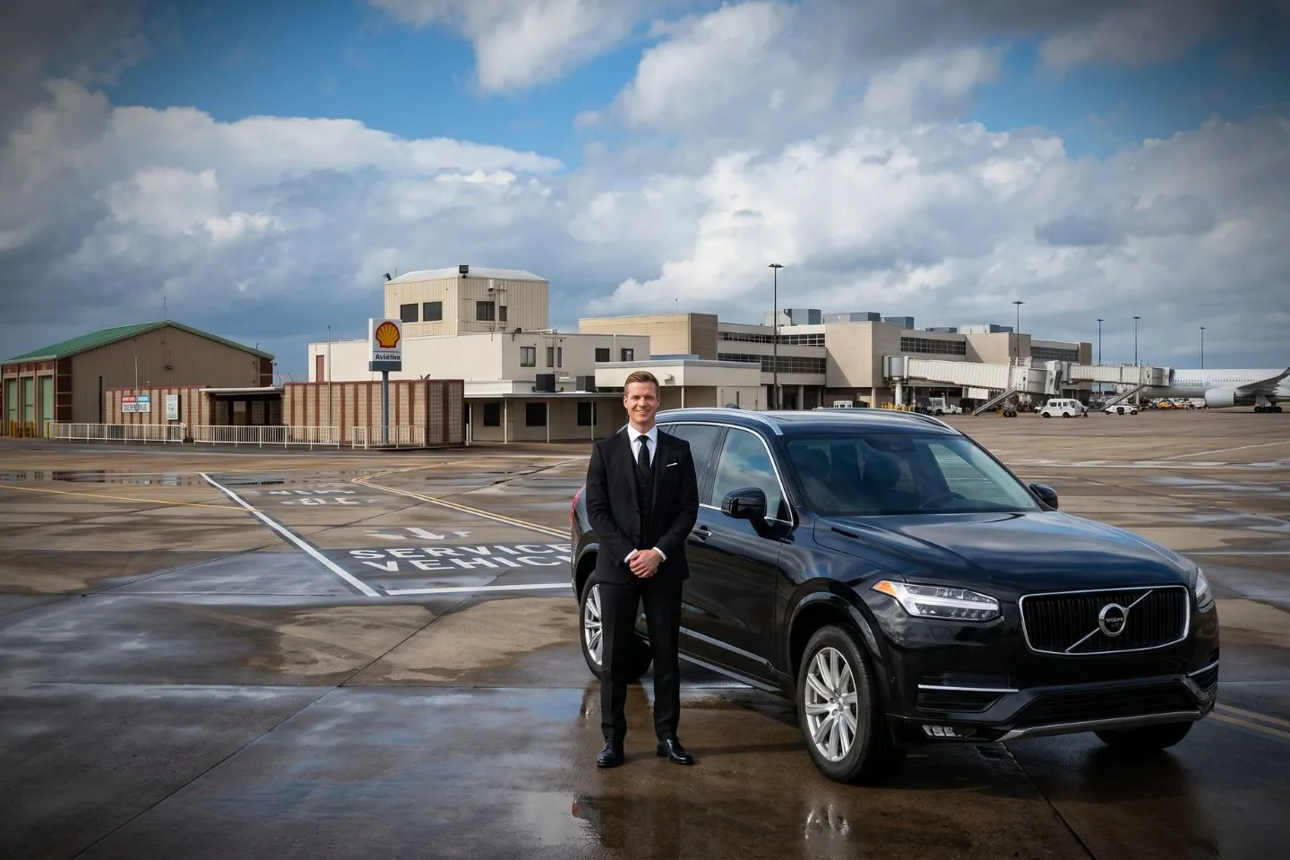 Jack Brooks Regional (BPT) Airport Car Service Black luxury sedan parked at Jack Brooks Regional Airport terminal curbside in Beaumont Texas