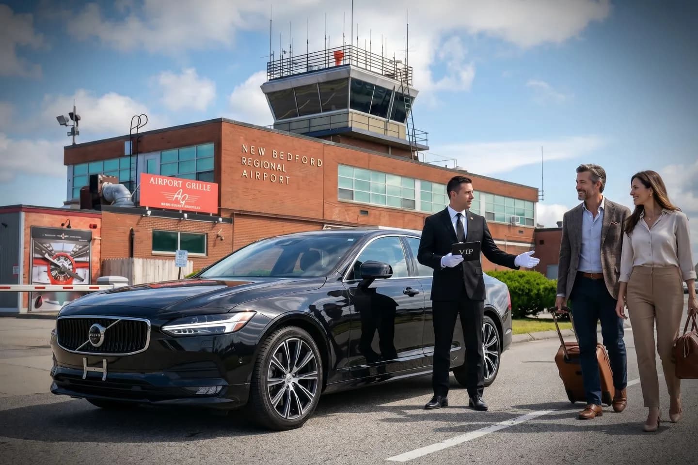 New Bedford Regional (EWB) Airport Car Service Union Limousine chauffeur greeting whaling heritage tour guest at EWB New Bedford Regional airport baggage claim