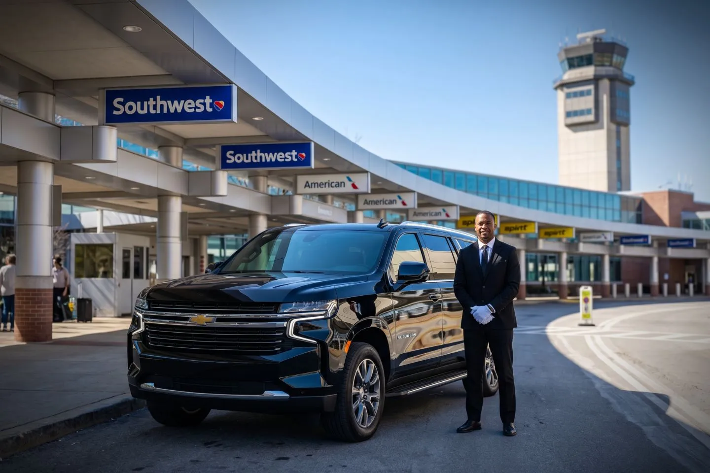 Manchester-Boston Regional (MHT) Airport Car Service Black Cadillac Escalade chauffeured car at Manchester Boston Regional airport for ride to Dartmouth College and Hanover New Hampshire