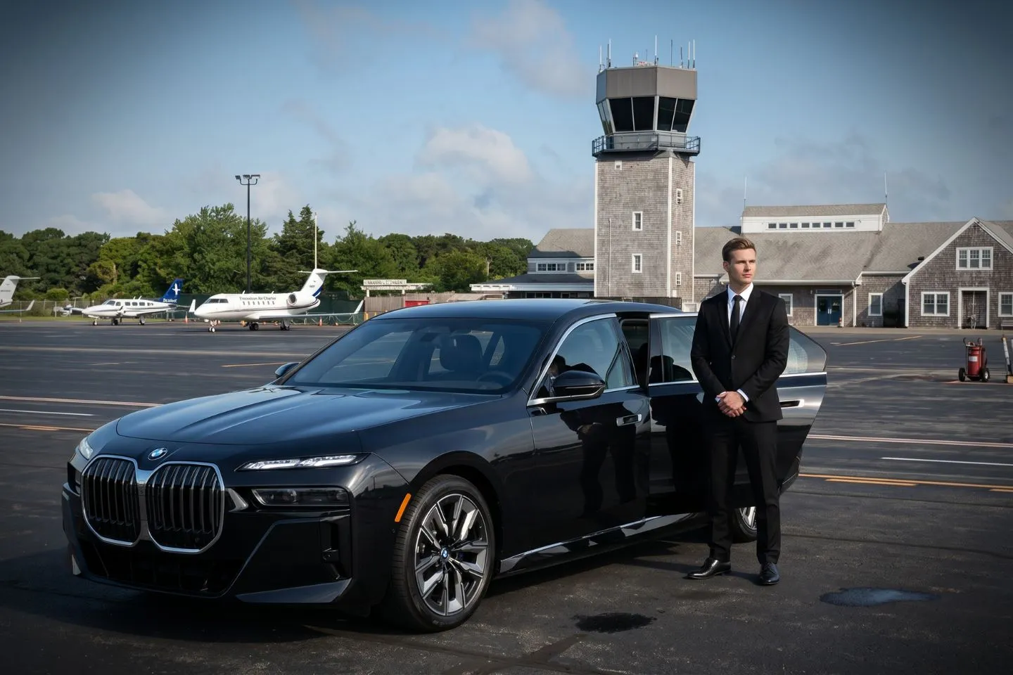 Martha’s Vineyard Haven (MVY) Airport Car Service Black Cadillac Escalade chauffeured car at Martha Vineyard airport for ride to Aquinnah Cliffs and Gay Head Lighthouse