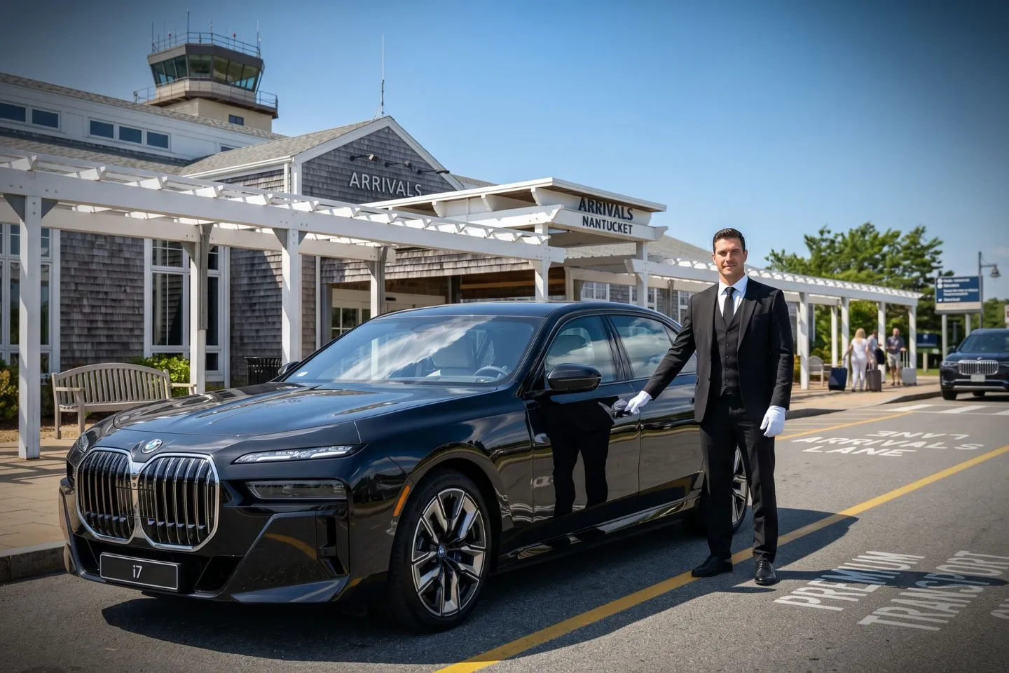 Martha’s Vineyard Haven (MVY) Airport Car Service Luxury black Mercedes Benz S Class at Martha Vineyard Airport MVY terminal curbside in Massachusetts