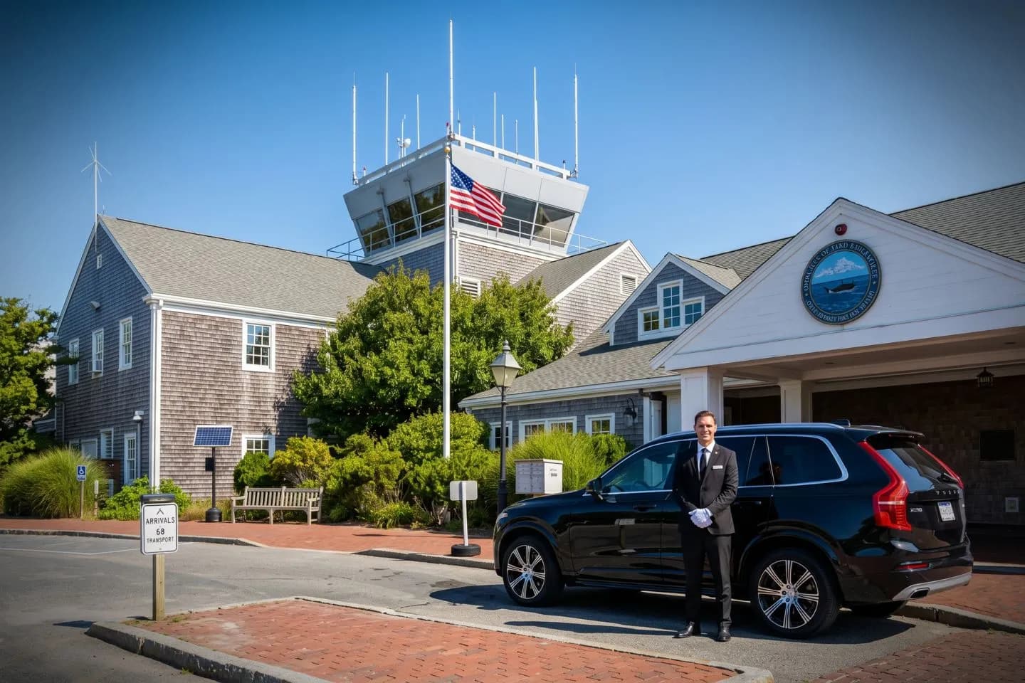 Nantucket Memorial (ACK) Airport Car Service Luxury black Mercedes Benz S Class at Nantucket Memorial Airport ACK terminal curbside in Massachusetts