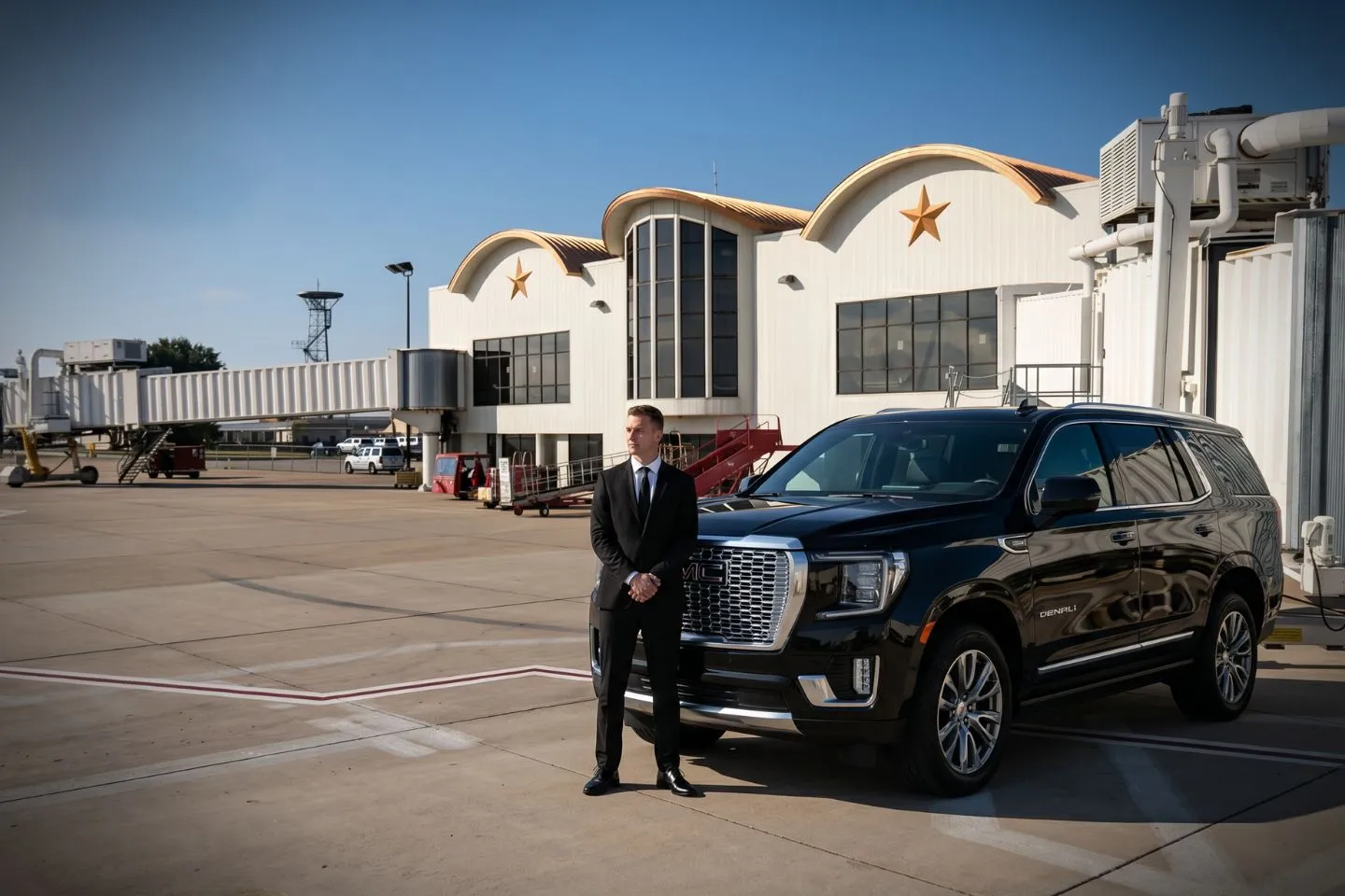 San Angelo Regional Mathis Field (SJT) Airport Car Service Black luxury sedan parked at San Angelo Regional Mathis Field Airport terminal curbside