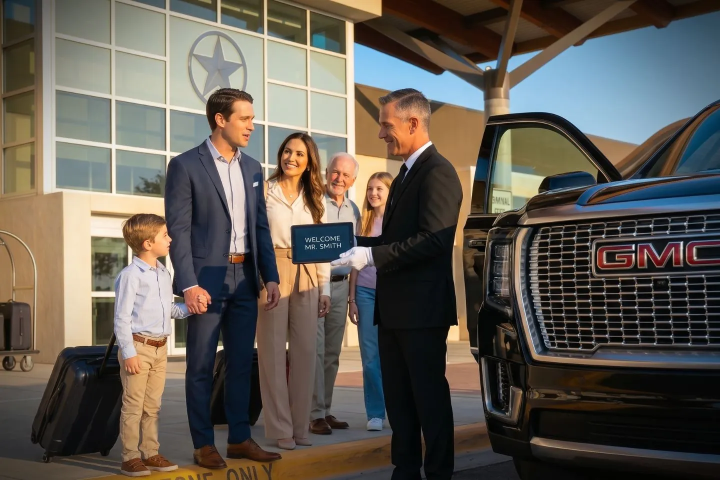 San Angelo Regional Mathis Field (SJT) Airport Car Service Professional chauffeur greeting passenger at SJT baggage claim arrivals area