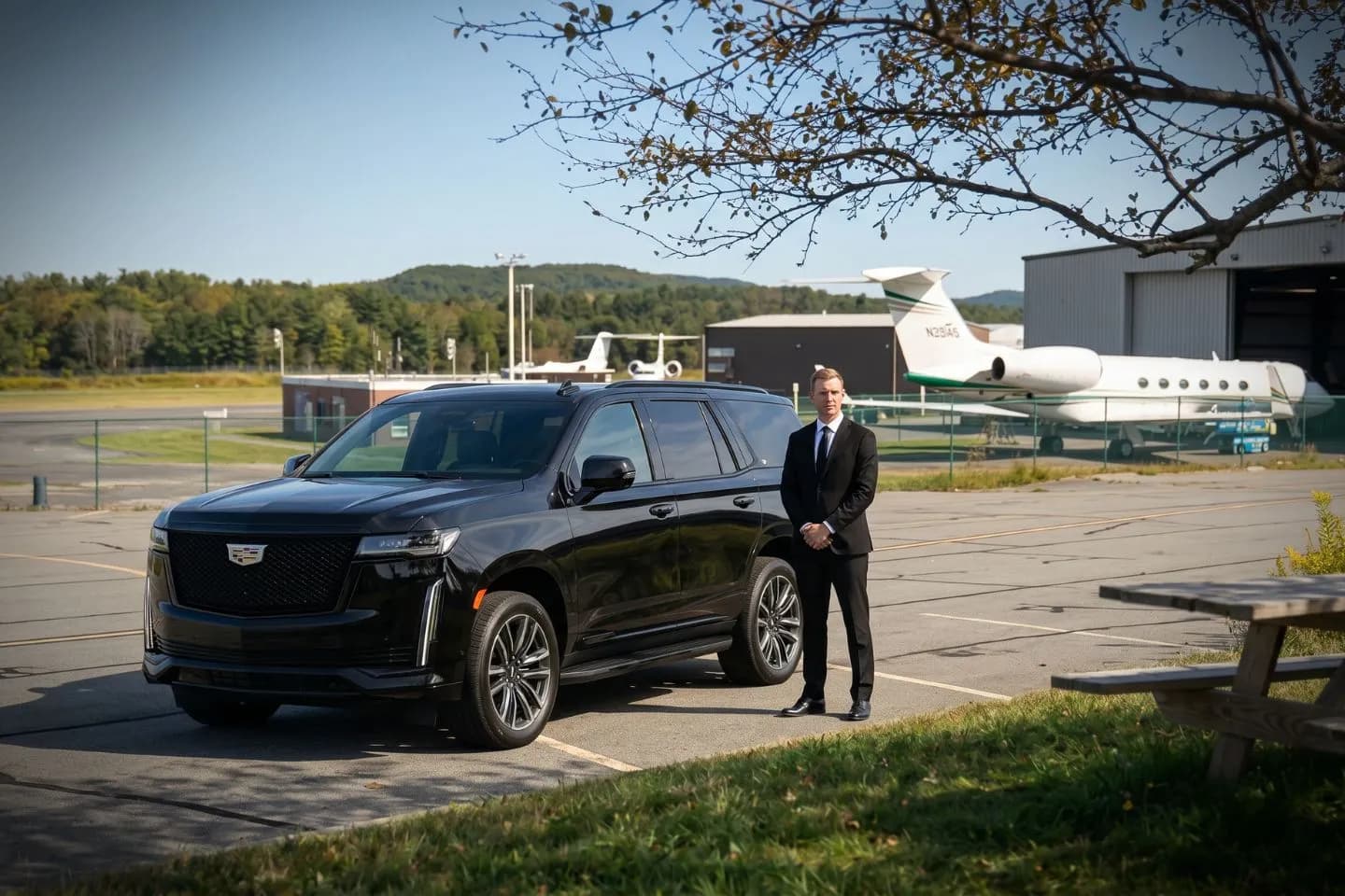 Pittsfield Municipal (PSF) Airport Car Service Black Cadillac Escalade chauffeured car at Pittsfield Municipal airport for ride to Williamstown Theatre Festival and Williams College