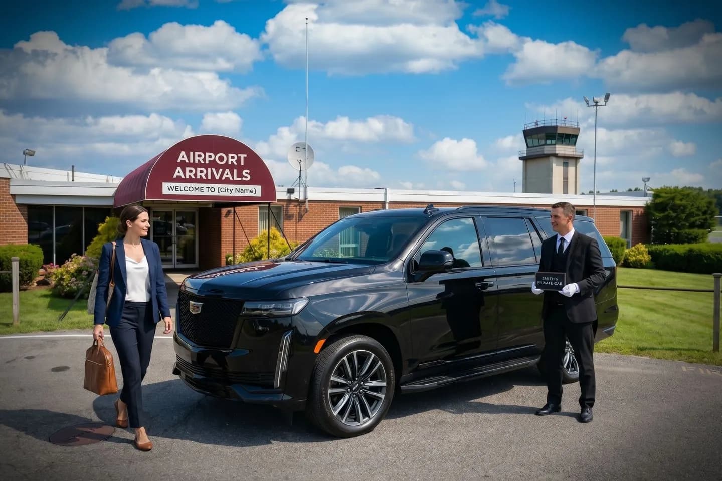Pittsfield Municipal (PSF) Airport Car Service Union Limousine chauffeur greeting Tanglewood Music Festival guest at PSF Pittsfield Municipal airport FBO