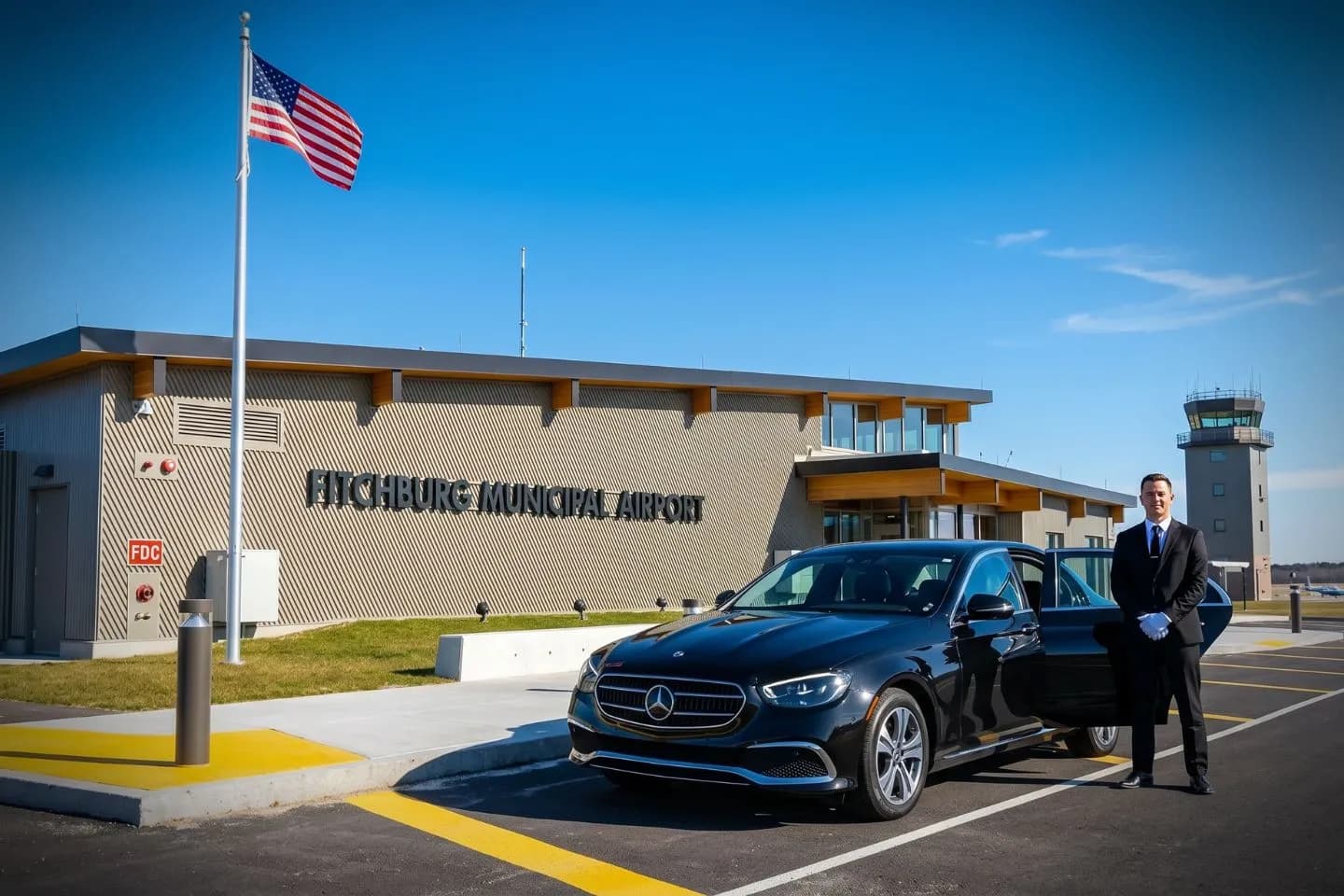 Fitchburg Municipal (FIT) Airport Car Service Luxury black Mercedes Benz S Class at Fitchburg Municipal Airport FIT terminal curbside in Massachusetts