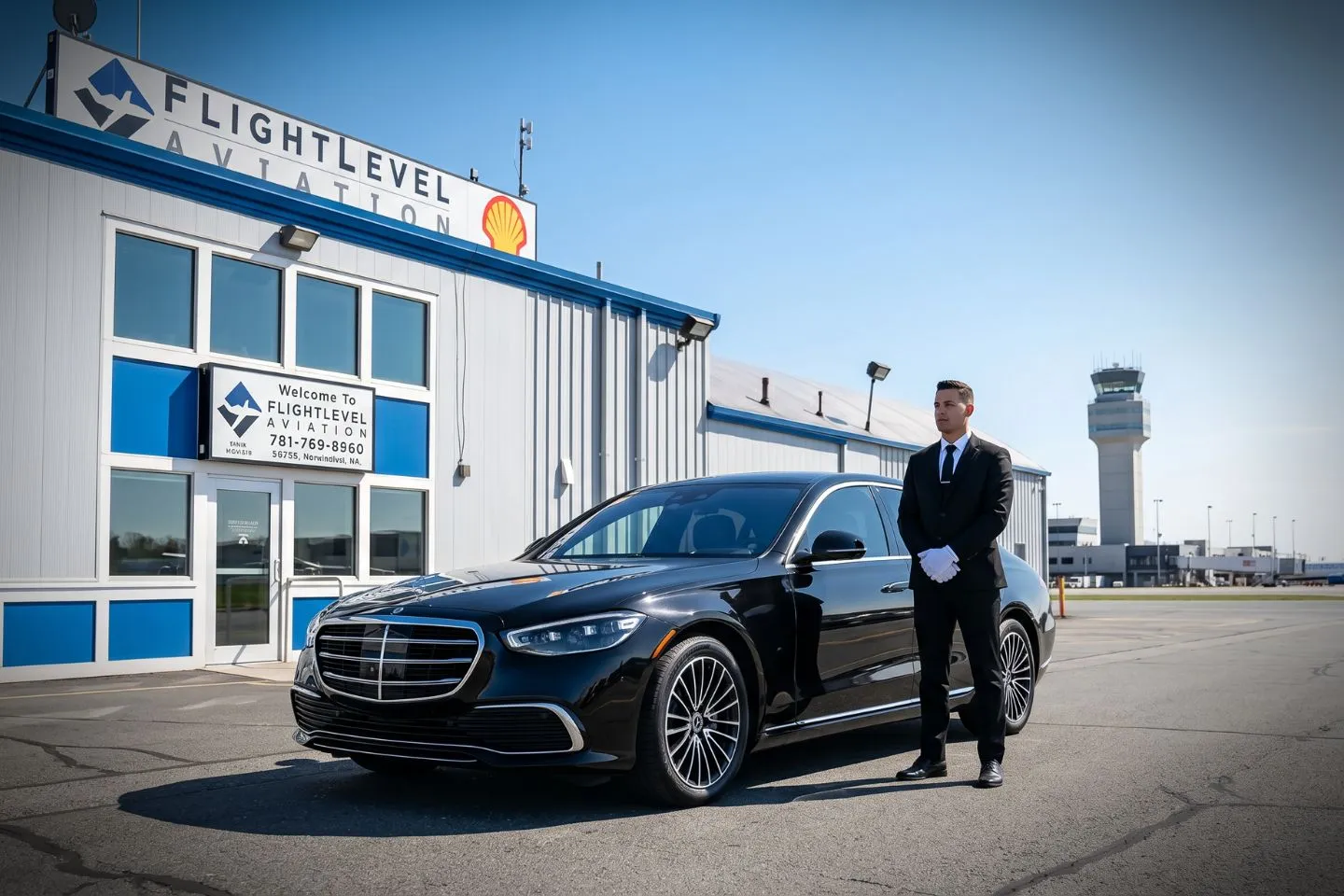 Norwood Memorial (OWD) Airport Car Service Union Limousine chauffeur greeting corporate aviation executive at OWD Norwood Memorial airport FBO