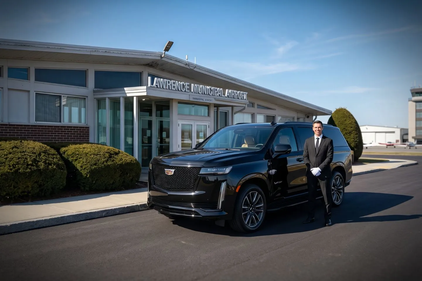 Lawrence Municipal (LWM) Airport Car Service Union Limousine chauffeur greeting Phillips Academy Andover parent at LWM Lawrence Municipal airport FBO