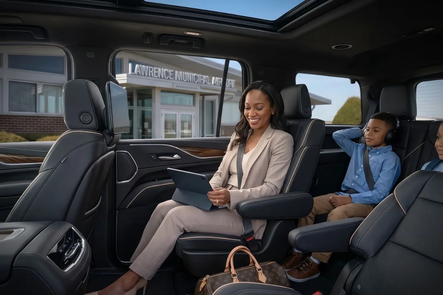 Lawrence Municipal (LWM) Airport Car Service Mercedes Benz S Class offering Lawrence LWM airport transportation to downtown Lawrence and the Merrimack Valley