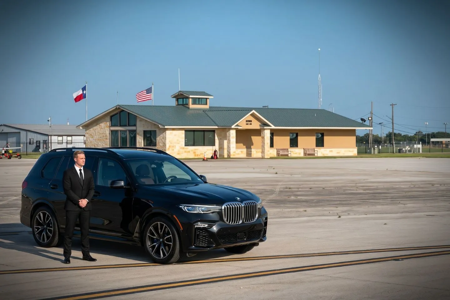 South Texas Hondo Municipal (HDO) Airport Car Service Black luxury sedan parked at South Texas Hondo Municipal Airport terminal curbside in Texas