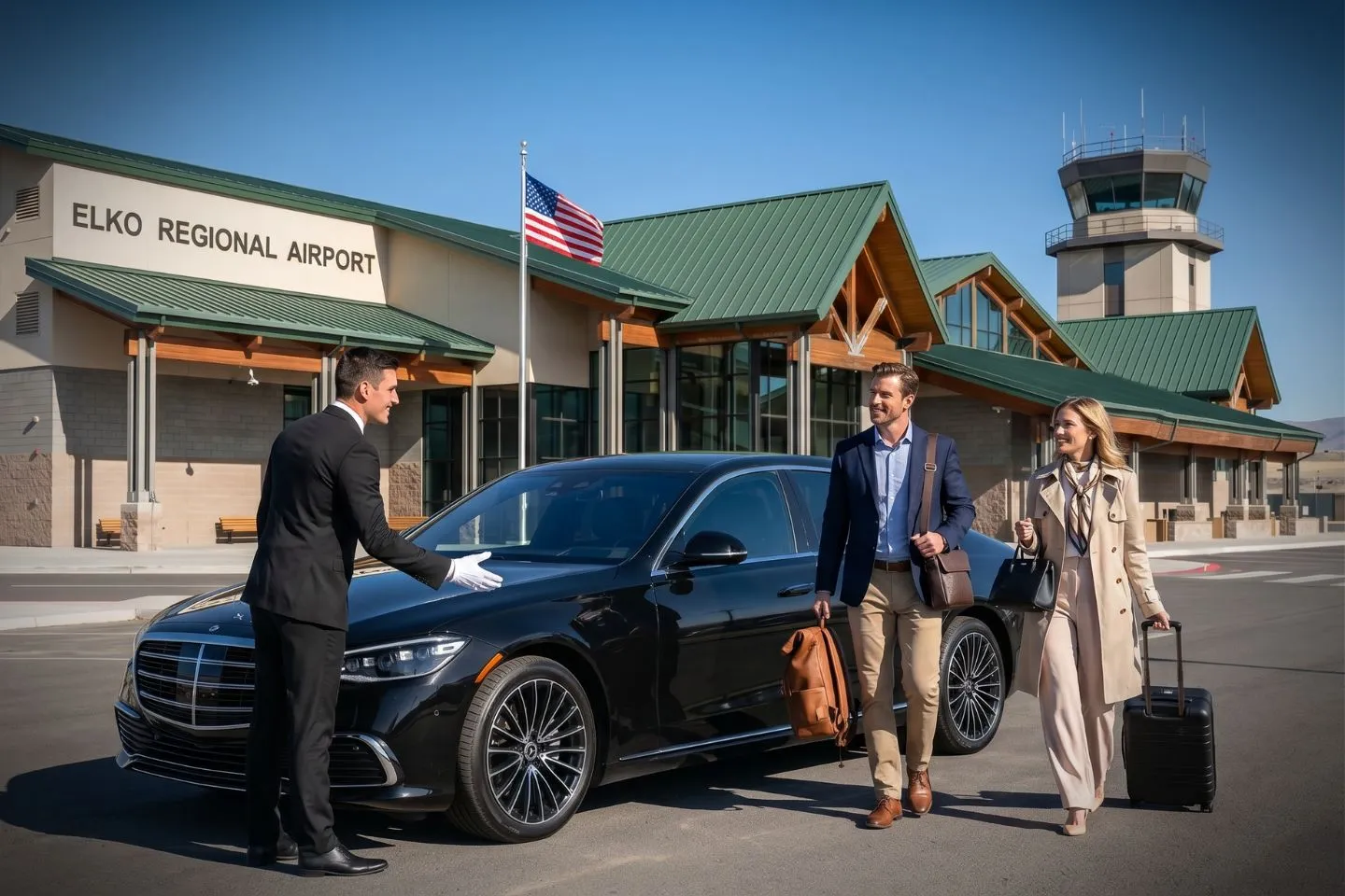 Elko Regional (EKO) Airport Car Service Luxury black Mercedes Benz S Class at Elko Regional Airport EKO terminal curbside in Nevada