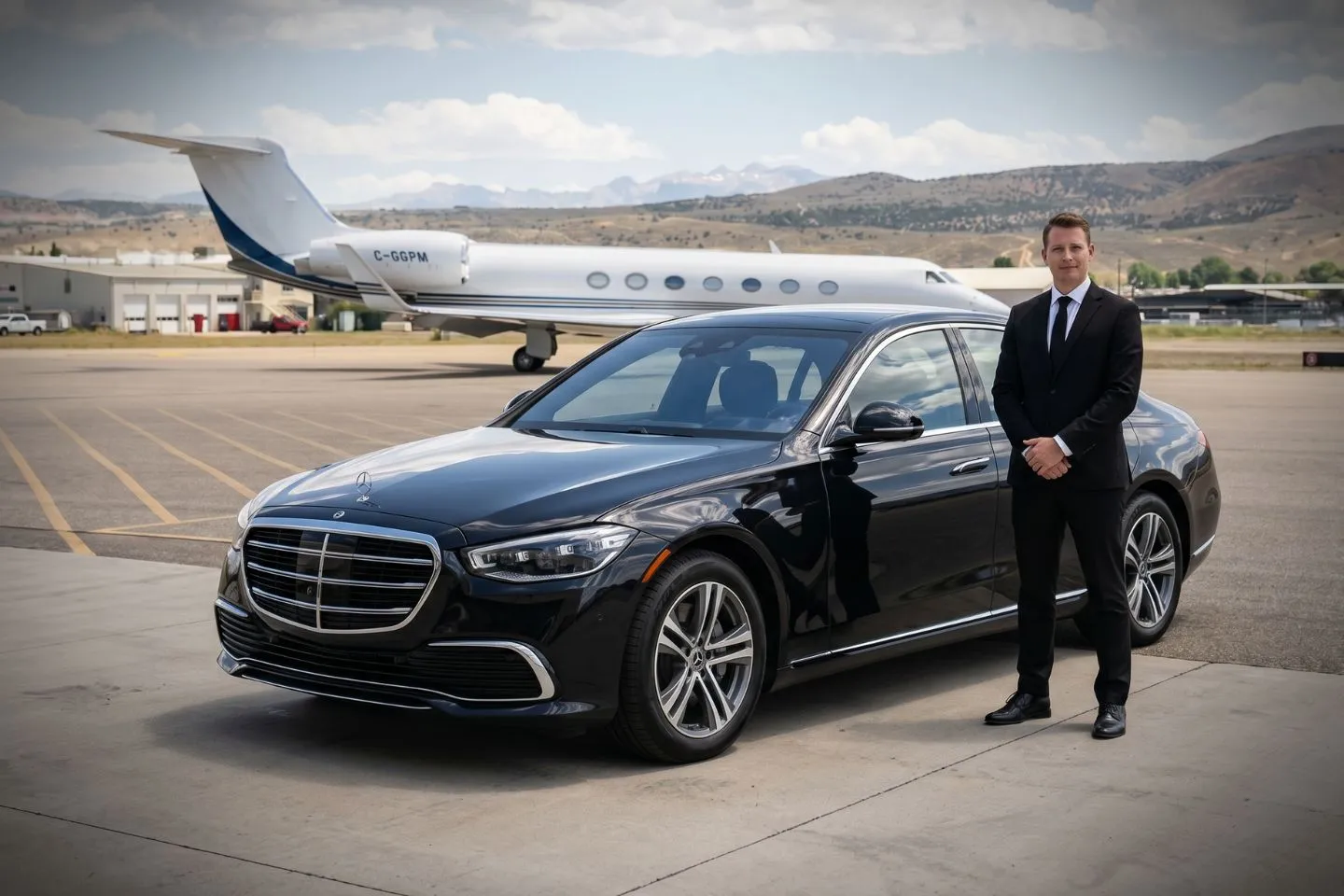 Elko Regional (EKO) Airport Car Service Executive Mercedes Benz Sprinter van for mining corporate group transfer from EKO airport to Carlin Trend operations