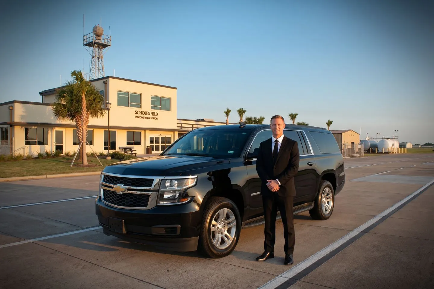 Scholes International (GLS) Airport Car Service Black luxury sedan parked at Scholes International Airport terminal curbside in Galveston Texas