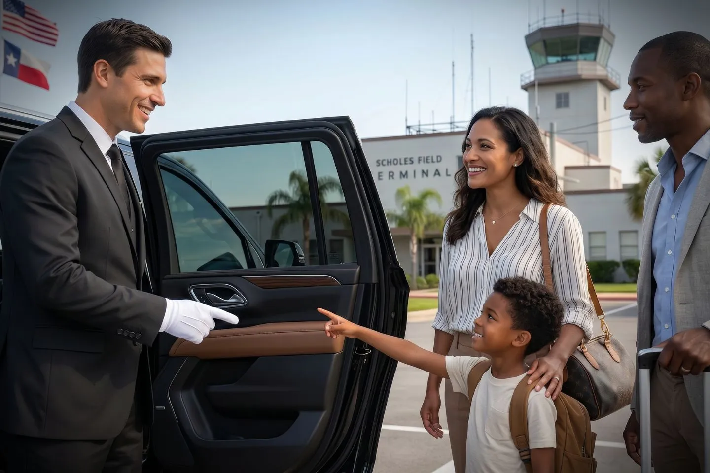 Scholes International (GLS) Airport Car Service Professional chauffeur greeting passenger at GLS FBO lobby arrivals area
