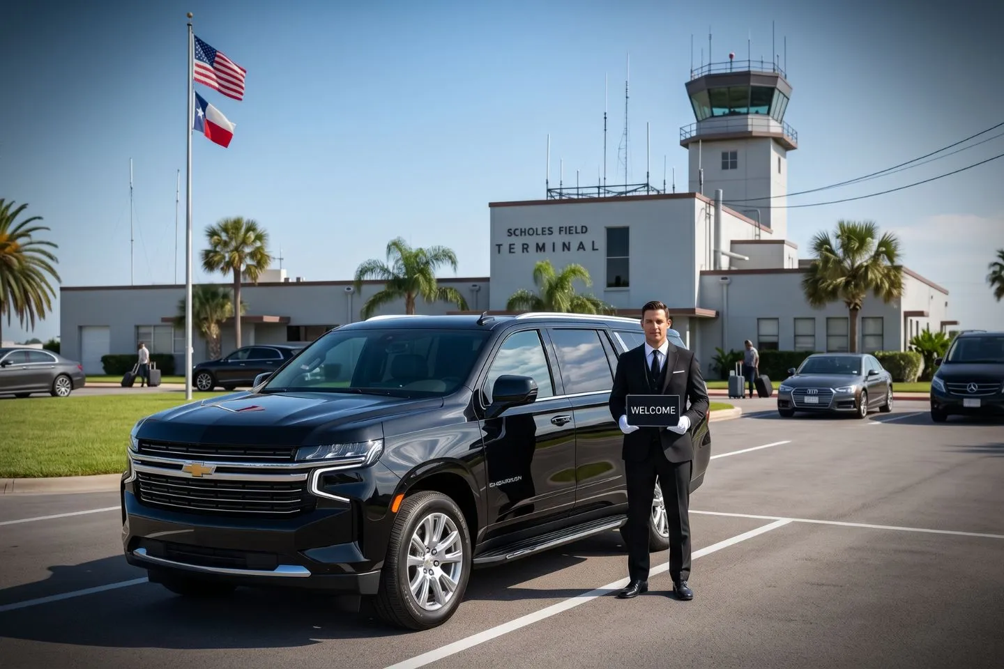 Scholes International (GLS) Airport Car Service Premium SUV ready for GLS airport pickup near Galveston Strand historic district