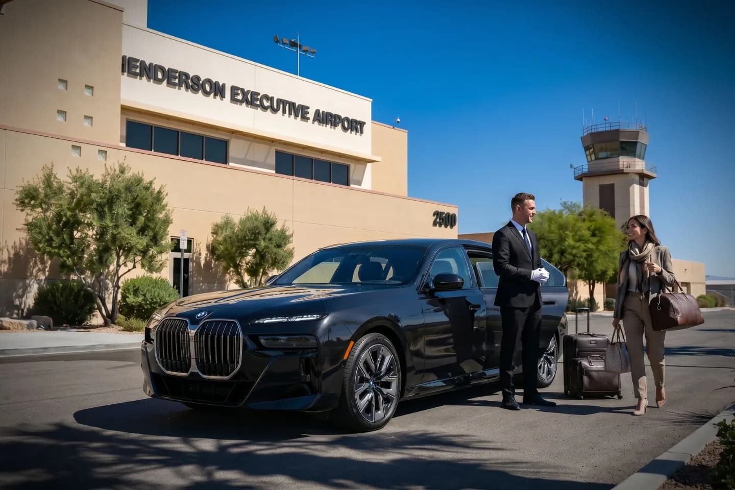 Henderson Executive (HSH) Airport Car Service Luxury black Mercedes Benz S Class at Henderson Executive Airport HSH terminal curbside in Nevada