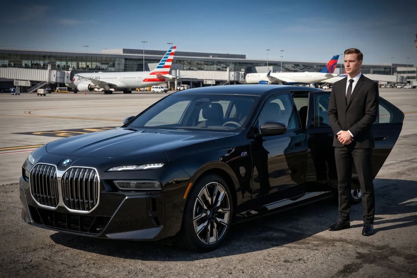 Henderson Executive (HSH) Airport Car Service Black Cadillac Escalade chauffeured car at Henderson Executive airport for ride to MGM Grand and Bellagio Las Vegas Strip
