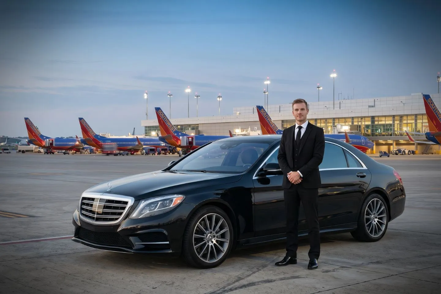 Dallas Love Field (DAL) Airport Car Service Black luxury sedan parked at Dallas Love Field Airport terminal curbside in Texas