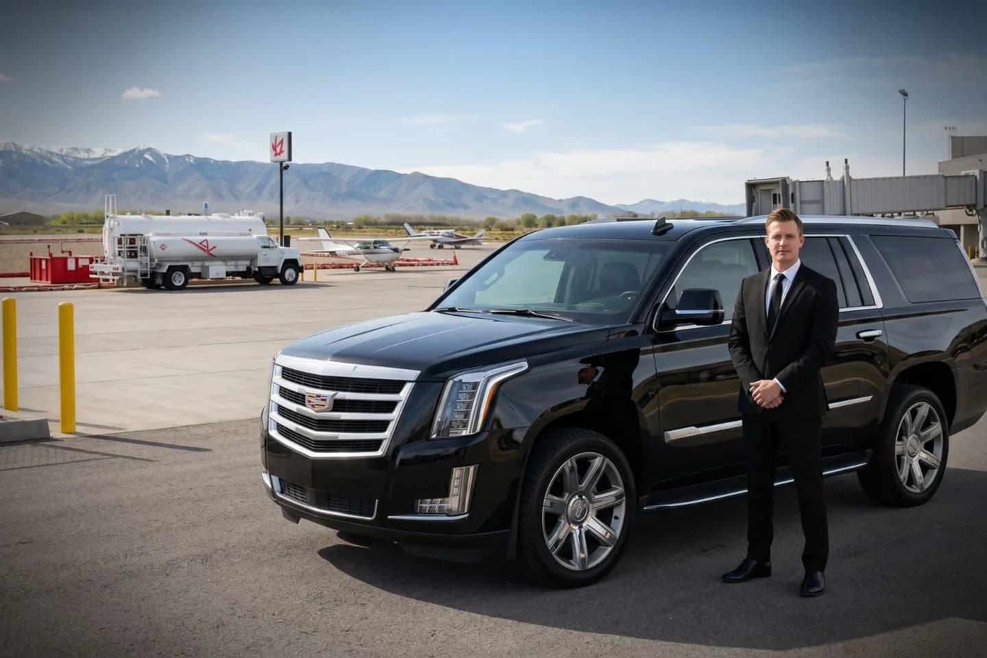 Winnemucca Municipal (WMC) Airport Car Service Black Cadillac Escalade chauffeured car at Winnemucca Municipal airport for ride to Humboldt General Hospital and the Tri County Fair