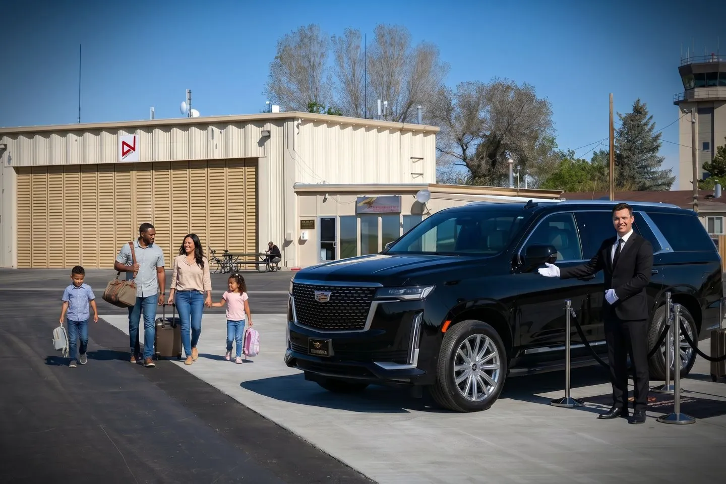 Winnemucca Municipal (WMC) Airport Car Service Union Limousine chauffeur greeting Nevada gold mining executive at WMC Winnemucca Municipal airport FBO