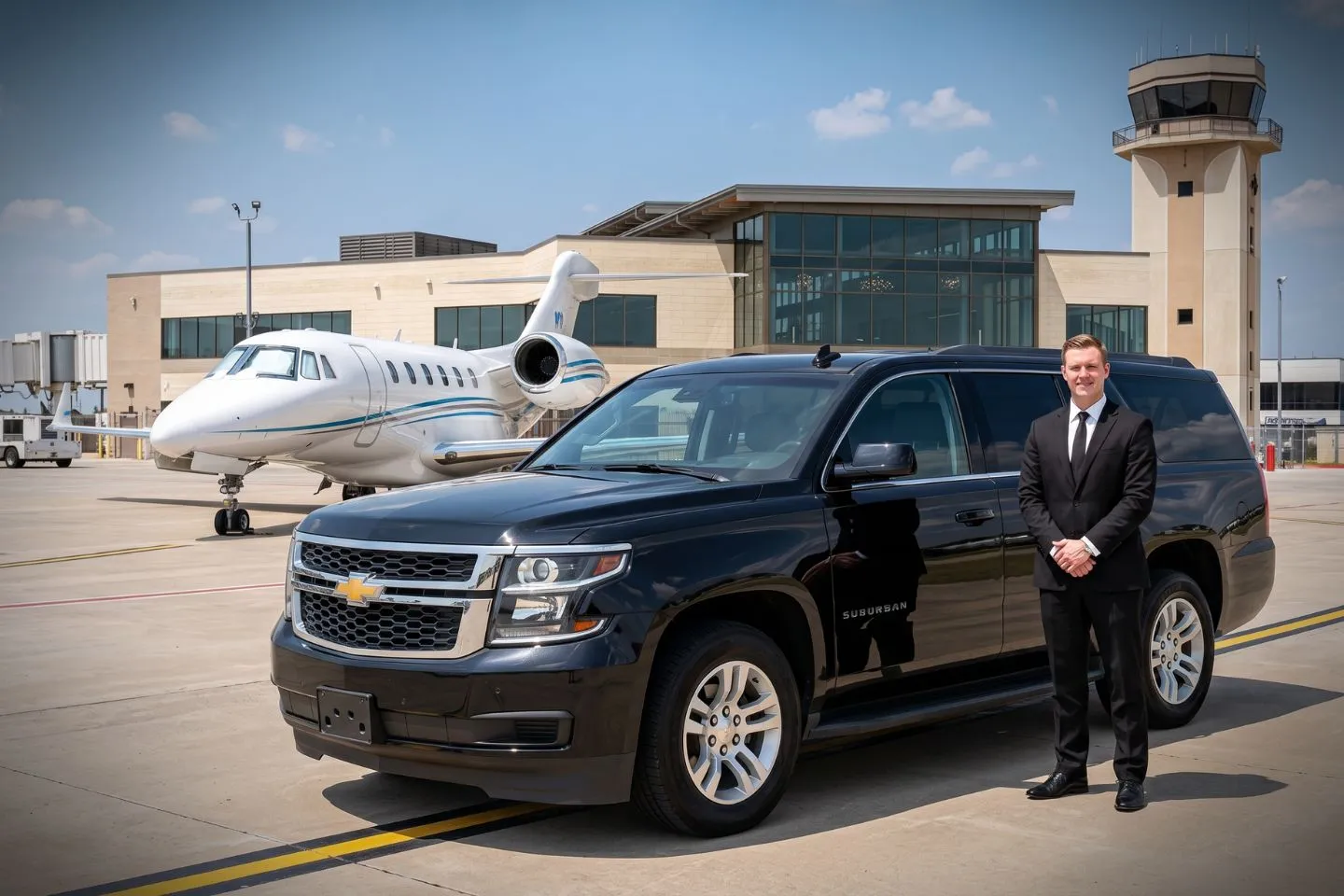 McKinney National (TKI) Airport Car Service Black luxury sedan parked at McKinney National Airport FBO entrance in McKinney Texas