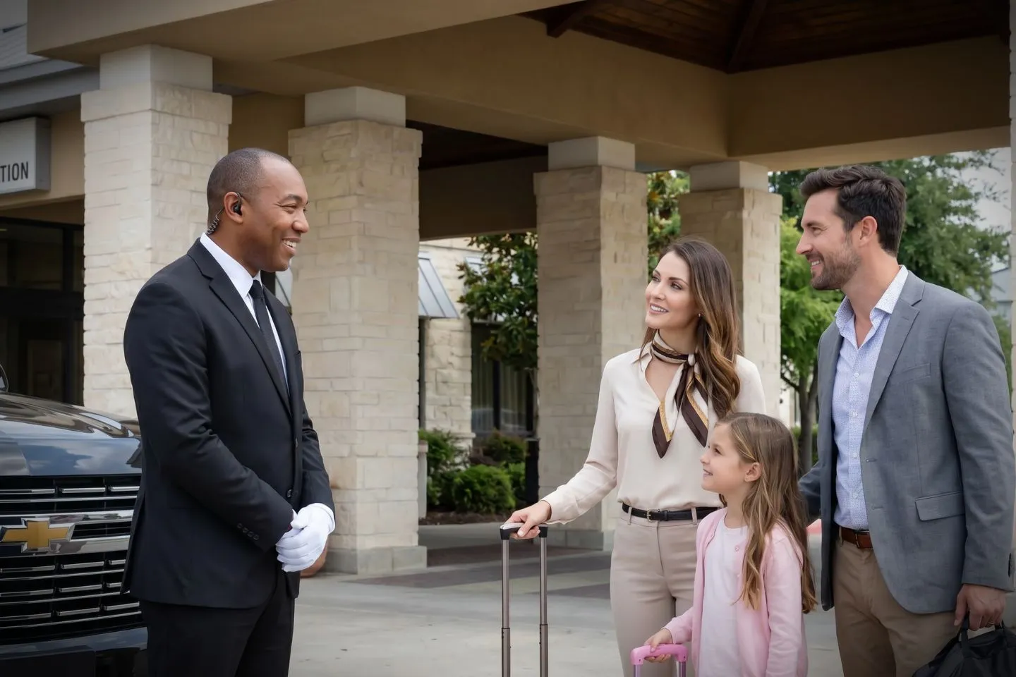 McKinney National (TKI) Airport Car Service Professional chauffeur greeting passenger at TKI FBO lobby private aviation arrivals