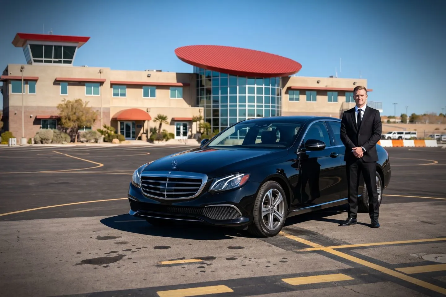 Boulder City Municipal (BLD) Airport Car Service Black Cadillac Escalade chauffeured car at Boulder City Municipal airport for ride to Mike OCallaghan Pat Tillman Memorial Bridge