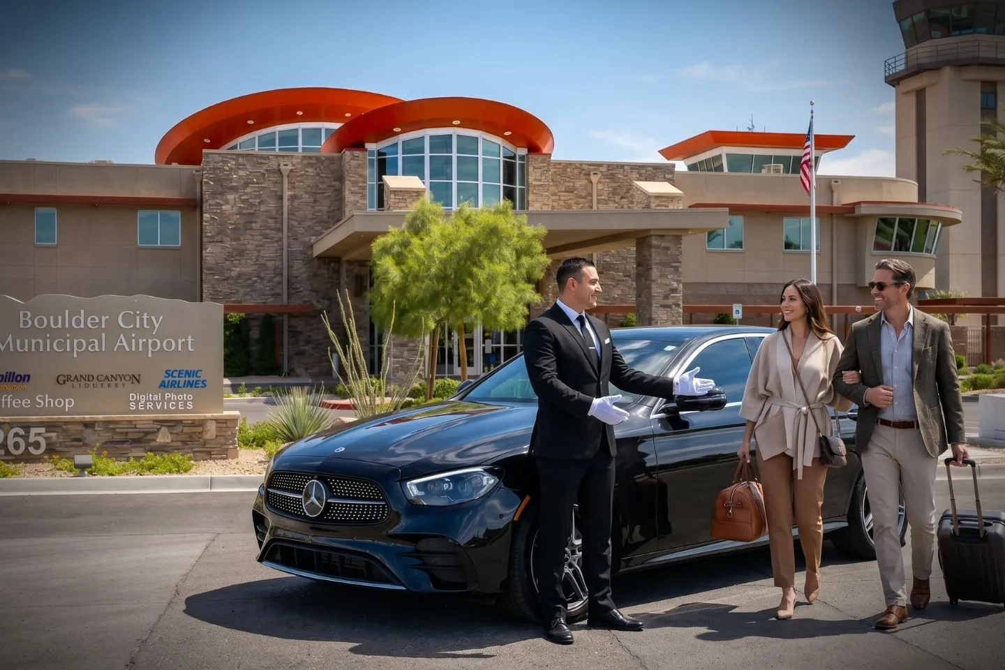 Boulder City Municipal (BLD) Airport Car Service Union Limousine chauffeur greeting Hoover Dam tour guest at BLD Boulder City Municipal airport FBO