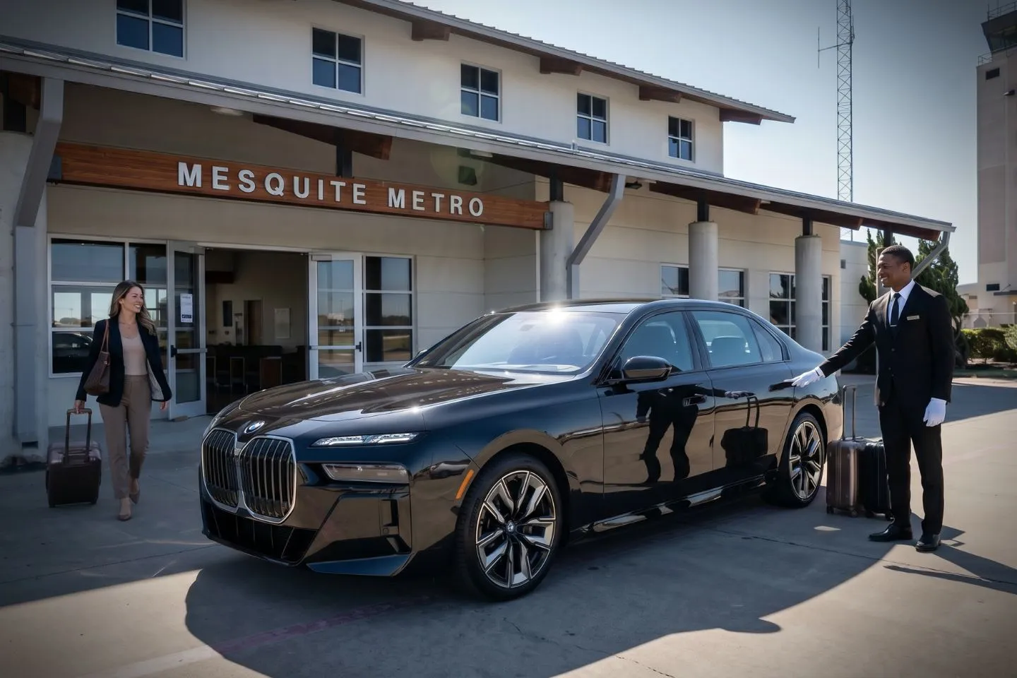Mesquite Metro (HQZ) Airport Car Service Premium SUV ready for HQZ airport pickup near private jet terminal in east Dallas suburbs