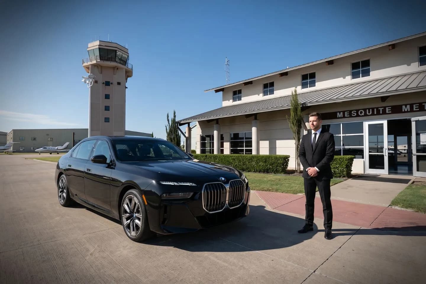 Mesquite Metro (HQZ) Airport Car Service Black luxury sedan parked at Mesquite Metro Airport FBO entrance in Mesquite Texas
